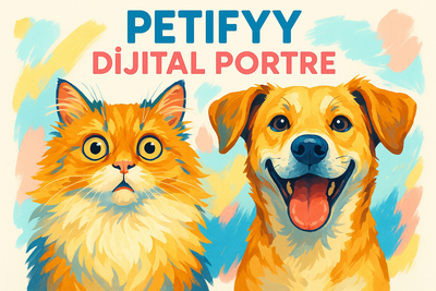 A playful and heartwarming digital illustration for an online pet shop product cover. A cute fluffy cat and a happy dog are featured in colorful, fun portrait style. The cat has a quirky, surprised expression, while the dog smiles with its tongue out. Bright, cheerful colors, light background, and modern clean design. Perfect as a product cover for 'Petifyy Dijital Portre' — eye-catching, friendly, and appealing to pet lovers. Realistic photo.